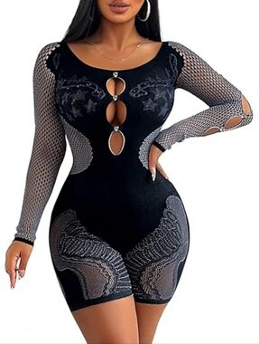 Black Mesh Rompers Detail Cutout Bodycon. Women's Large New